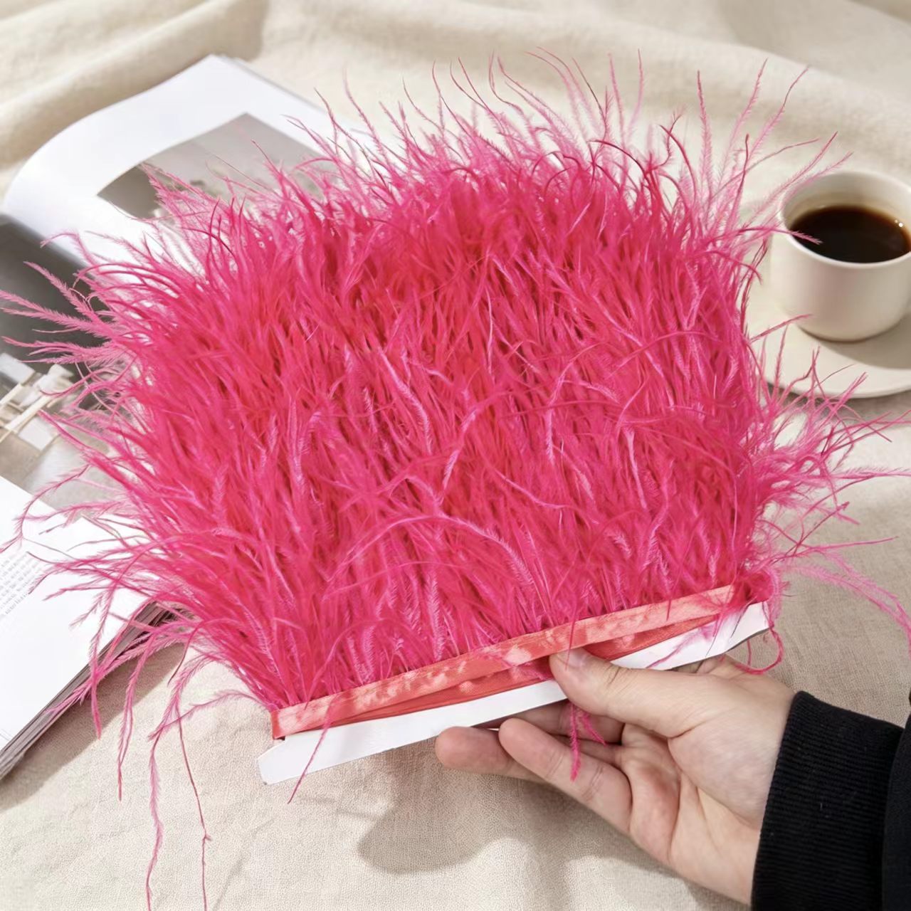 Fringe Ribbon Sewing - Pita Bulu Burung Unta Merah Barat