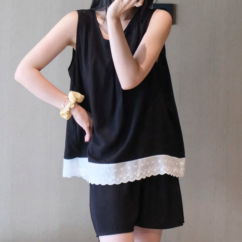 Elastic Lace Trim - Set Pakaian Santai Wanita Tanpa Lengan