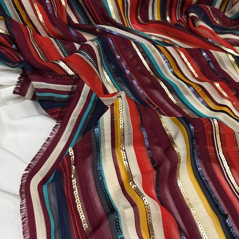 Kain Payet Bordir Bergaris War - Crystal Mesh Fabric ulasan dan harga