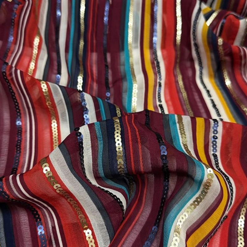 Kain Payet Bordir Bergaris War - Crystal Mesh Fabric ulasan dan harga